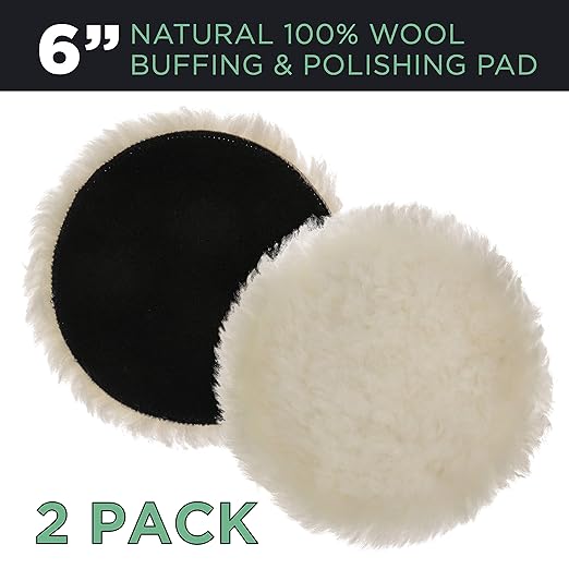 TCP Global Premium 6 Inch Wool Buffing Pads (2 Pack) - 100% Natural Wool Buffer Pads, Polishing Pad for Car Detailing - 1 Inch Thick Pile, Hook and Loop Buffing Pad for Orbital Buffer