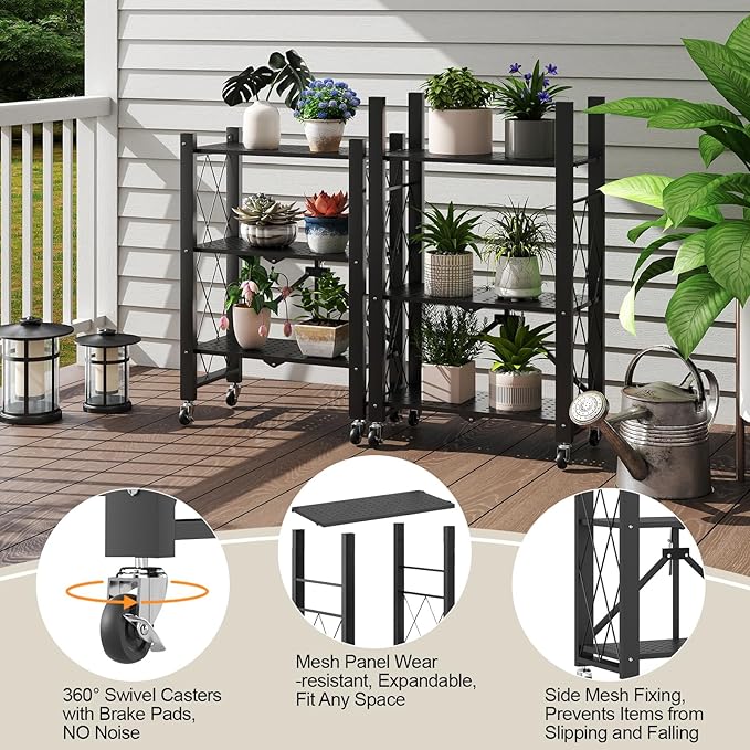 6-Tier Foldable Storage Shelves with Wheels, Folding Metal Shelf Unit, Folding Bookshelf no Assembly, Collapsible Shelves for Craft Shows for Kitchen, Bedroom, Living Room, Black