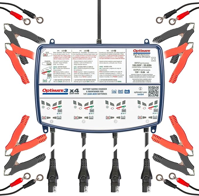 OptiMate3 0.8A x4 Bank, Smart Quad-Bank Battery Saving Charger for 12V Lead-acid Motorcycle and Powersport Batteries