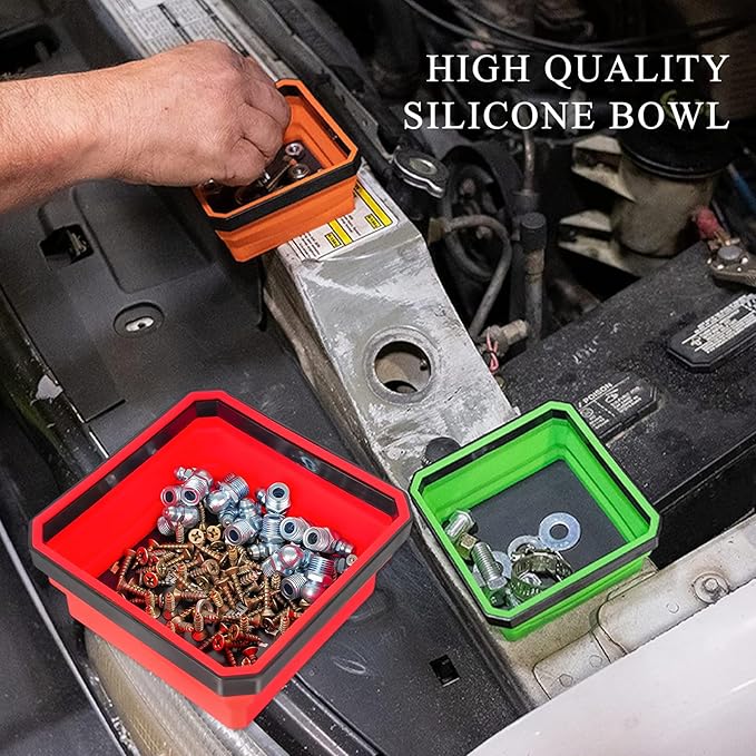 Collapsible Magnetic Parts Tray, 4.5" Square Silicone Tool Tray with Dual-Sided Magnetic Base, Foldable Small Metal Parts Organizer Storage Bowl for Screws Bolts Nuts Washers (Orange)