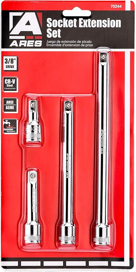 ARES 70244-4-Piece 3/8-Inch Drive Socket Extension Set - Includes 1 3/4-Inch, 3-Inch, 6-Inch and 8-Inch Extensions - Premium Chrome Vanadium Steel with Mirror Finish