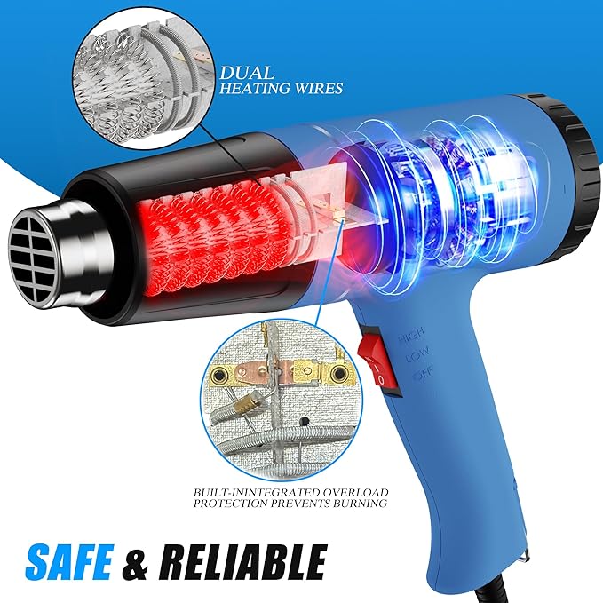 Heat Gun Heavy Duty Fast Heat Hot Air Gun Kit with 572℉&1112℉（300℃-600℃） Dual-Temperature Settings and 4 Nozzles with Overheat Protection for Crafts, Shrinking PVC, Stripping Paint