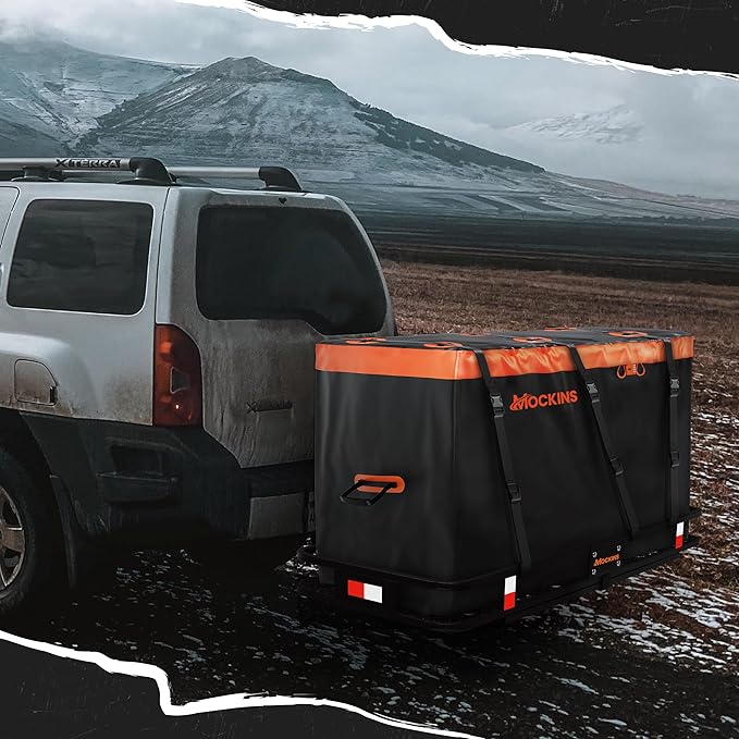 Mockins 30 Cubic Ft. Trailer Hitch Cargo Carrier Bag & 6 Packing Cubes 29"x23"x12" | 60"x24"x36" Waterproof Cargo Bag for Hitch Carrier | Set of Vehicle Soft-Shell Carriers with Buckle Straps & Lock