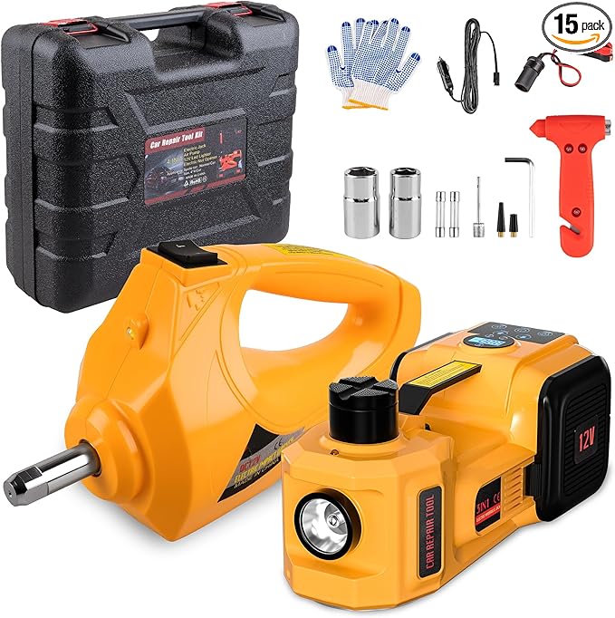 Electric Car Jack, 5 Ton 12V Digital Display Electric Jack for Car with E-Impact Wrench, Tire Inflator Pump and LED Light, (Lifting Range: 6.1-17.7 Inch) for Sedan, SUV, Truck Tire Change Replacement