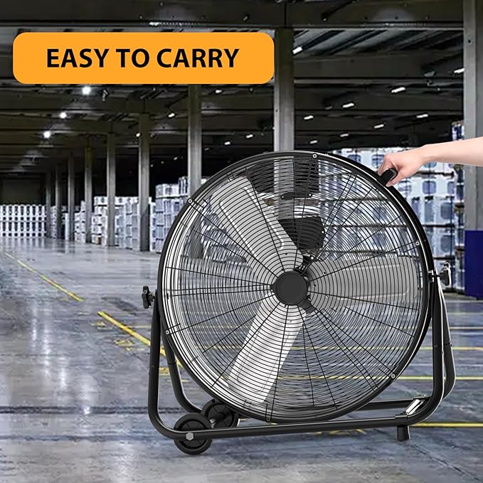 GarveeHome 24 in Industrial Drum Fan, 5700 CFM High Velocity Floor Fan, 3 Speed Heavy Duty Metal Air Circulator Fan, 360° Tilt with Casters Handle, Ideal for Patios, Warehouse, Commercial, Basement