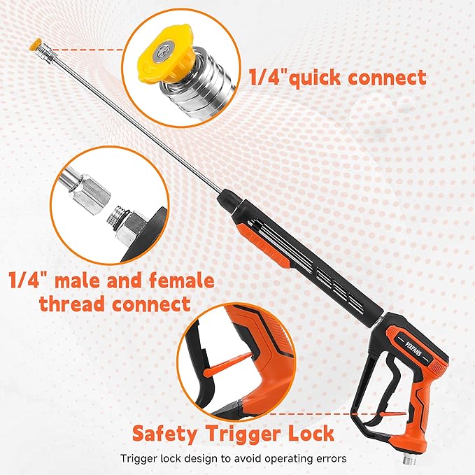 FIXFANS Pressure Washer Gun and Hose Kit, 50 FT High Power Washer Hose with Replacement Wand Extension, 5 Nozzle Tips, M22 Fitting