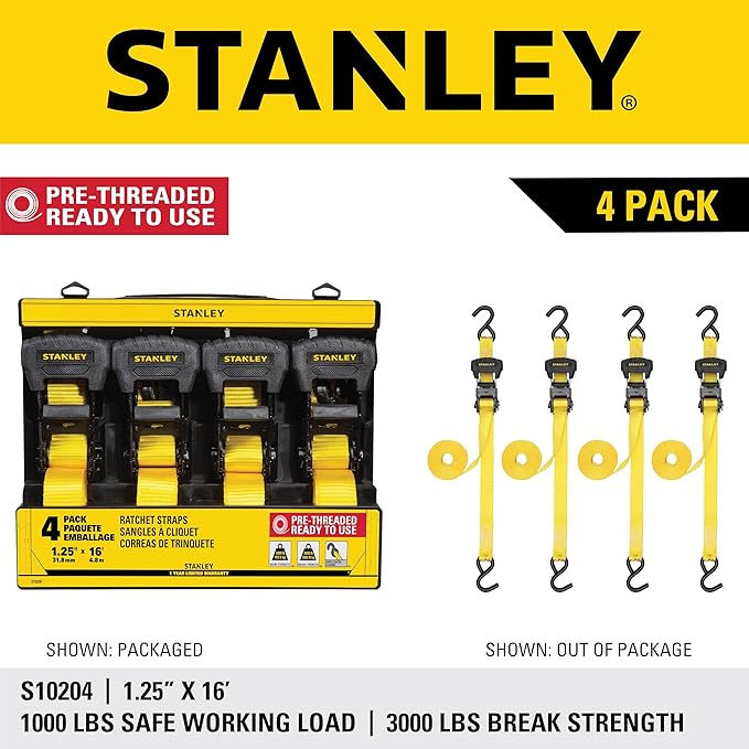 STANLEY S10204 1.25" x 16' Pre-Threaded Ratchet Straps - 1,000 LBS Safe Working Load / 3,000 LBS Break Strength, 4 Pack