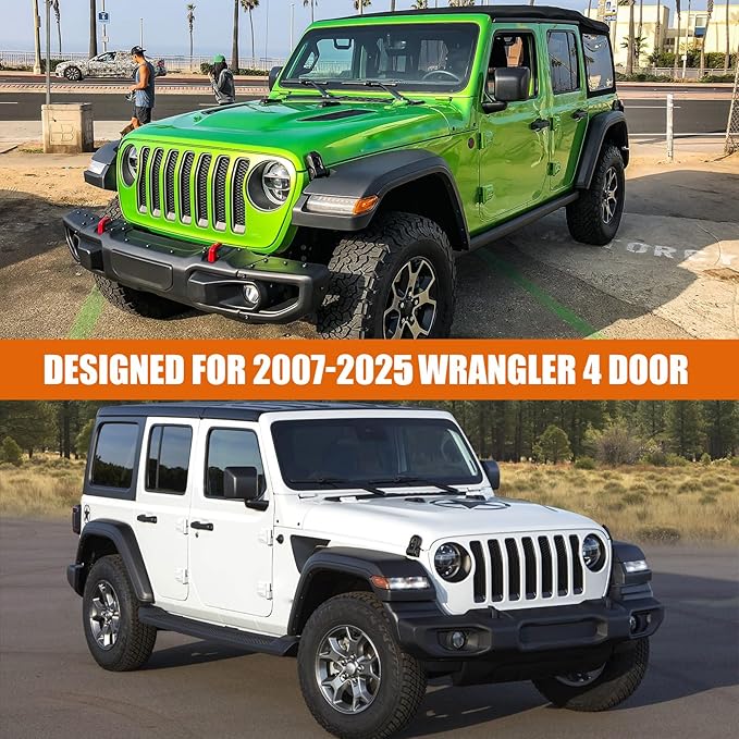 Waterproof Car Covers Replace for 2007-2025 Jeep Wrangler 4 Doors, 6 Layers Silver All Weather Car Cover with Zipper Door & Windproof Bands for Snow Rain Dust Hail Protection