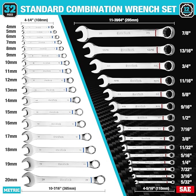 DURATECH 52-Piece Combination Wrench Set, 32 PCS Combo & 20 PCS Stubby, SAE & Metric, CR-V Steel, with Rolling Pouch