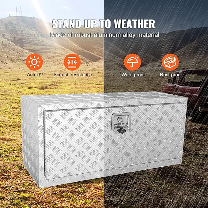 VEVOR Underbody Truck Box, 36"×14"×16" Pickup Storage Box, Heavy Duty Aluminum Diamond Plate Tool Box with Lock and Keys, Waterproof Trailer Storage Box with T-Handle Latch for Truck, Van, Trailer