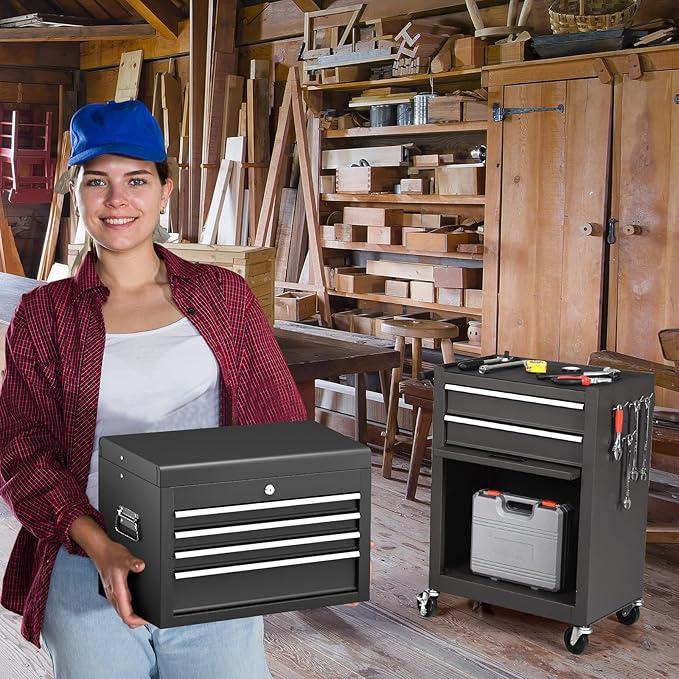 ERGOMASTER Rolling Tool Chest and Cabinet with 6-Drawers - Includes 4-Drawers Removable Top Box, 2-Drawer Capacity Tool Storage, Wheels and Locking System for Convenient and Safe Tool Storage-Black