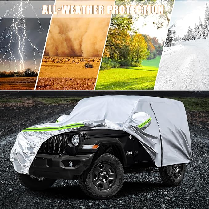 Waterproof Car Covers Replace for 2007-2025 Jeep Wrangler 2 Doors, 6 Layers Silver All Weather Car Cover with Zipper Door & Windproof Bands for Snow Rain Dust Hail Protection