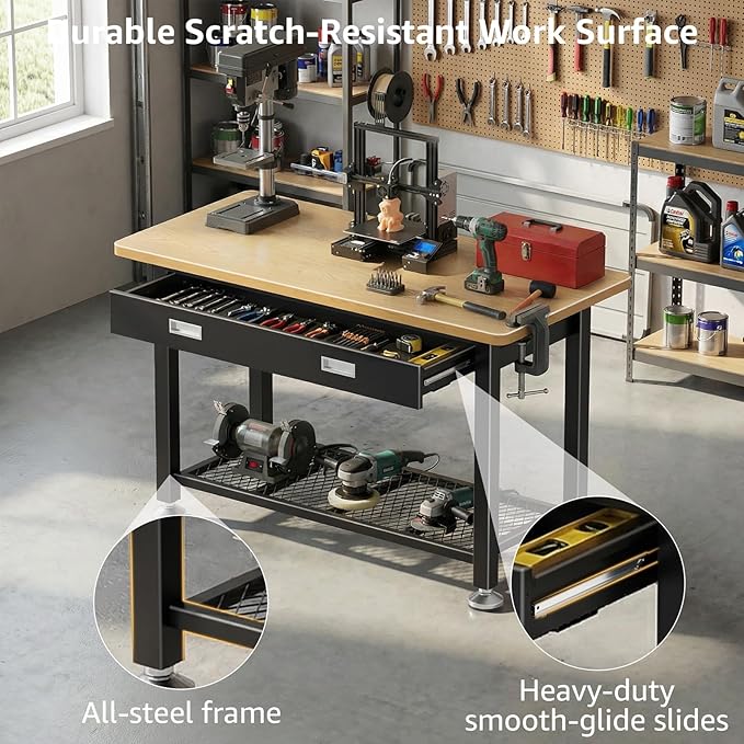 47.2" Heavy Duty Work Bench with Drawer and Storage for Garage, Small Wood Top and Metal Work Table for Crafts, 3D Printer Reloading Bench, Tool Chest Workbenches Crafting Table Working Station