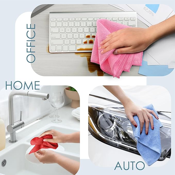 Hearth & Harbor Microfiber Cleaning Cloth, Towels for Cars 24 Pack Washcloths, Red Rags, Reusable Towel, Cloth Rags Cleaning, Lint Free 12x12inch