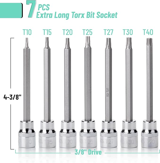 Bates- Extra Long Torx Bit Socket Set, 7 Pieces, 3/8" Drive T10-40, 4-3/8" Long Torx Socket Set 3/8 Drive