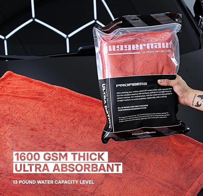 Juggernaut 1600 GSM Car Drying Towel, Holds 13 lbs, Extra Large 38x24 Microfiber Drying Towels Car Detailing, Twisted-Loop, Streak/Scratch-Free, 70/30 Blend (Red)