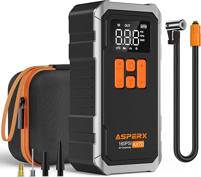 160PSI Tire Inflator Portable Air Compressor - Cordless Air Pump for Car Tires with 10000mAh Battery, 4+N Smart Modes, Digital Pressure Gauge, LED Light & Carrying Case - for Car, Moto, Bike, Balls