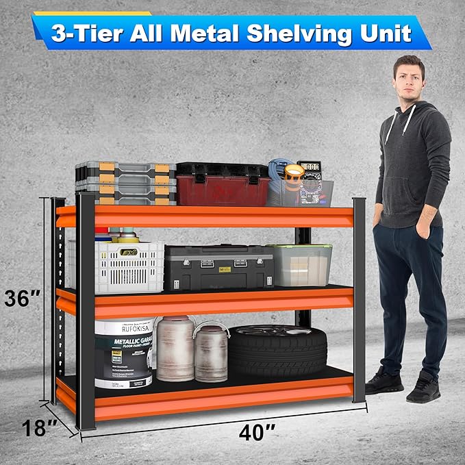 40" W Garage Shelving Heavy Duty,1500LBS Loads Adjustable Garage Storage Shelves,3-Tier Metal Storage Racks and Shelving Units,Utility Rack Shelves,40" W x 18" D x 36" H,Red