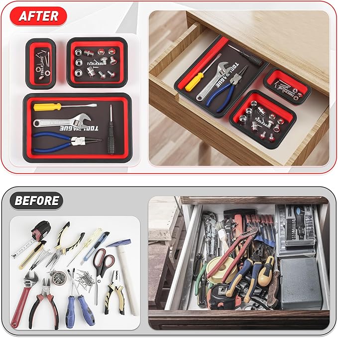 TOOLEAGUE 3Pcs Collapsible Magnetic Parts Tray Set with 15Lb Magnetic Pickup Pen,3 Different Size Silicone Foldable Tool for Organizing Screw Bolts Nuts Washers Pins and Other Small Metal Parts