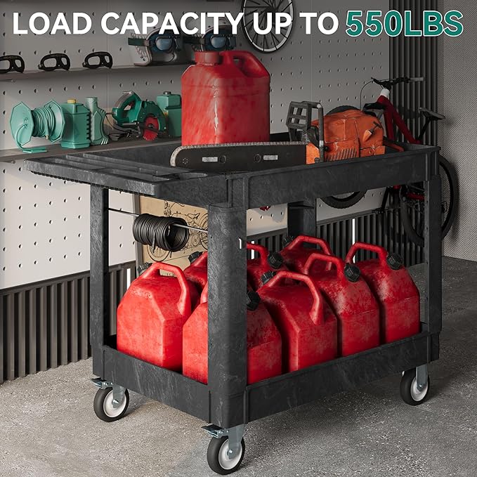 YITAHOME 2 Tier Heavy Duty Plastic Utility Cart 45 x 25 Inch, Rolling Work Cart w/Deep Shelves & 360° Swivel Wheels(2 Brake), Plastic Tool Cart Suitable for Warehouse, Garage, Office, Cleaning, Black