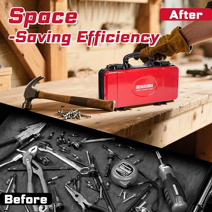 Geinxurn 11”Red Tools Box, Portable Steel Heavy-duty Tool Case with Safety Latch and Handle for Tools Storage and Organizers, Home DIY
