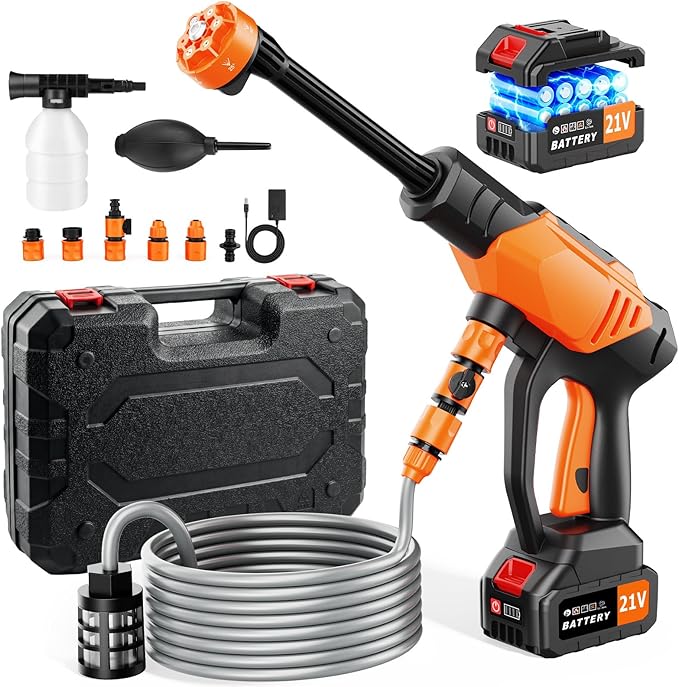 Portable Cordless Pressure Washer, Battery Powered Power Washer Car Wash Gun with 6-in-1 Nozzle & Foam Cannon, Handheld High Pressure Cleaner for Car, Driveway, Patio, Garden, RV