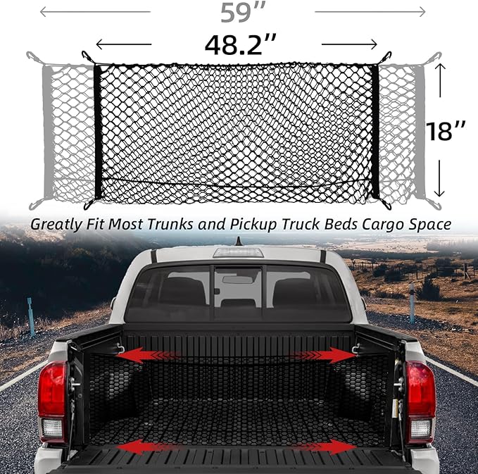 Cargo Net for Pickup Truck Bed for Trunk Organizers and Storage Additional with 4 Metal Carabiner Buckles - Silverdo, Ford F150,GMC