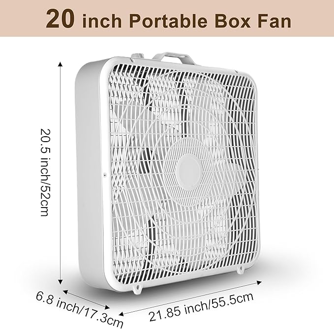 Xcity 20 Inch Box Fan with Carry Handle, Portable Powerful and Quiet 3-speed Floor Fan with Protection Net, Durable 70W Lightweight for Bedroom Study Home