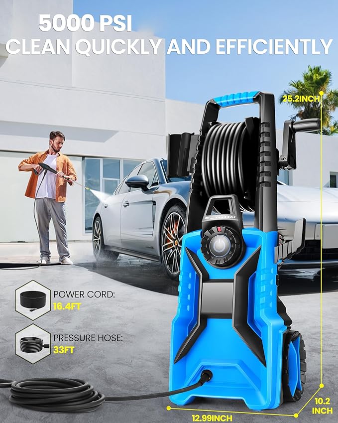5000PSI Pressure Washer Adjustable Pressure,Power Washer with Foam Cannon,4 Nozzles,33FT Hose and 500ml Soap Bottle for Home/Cars/Driveways/Patios/Fences