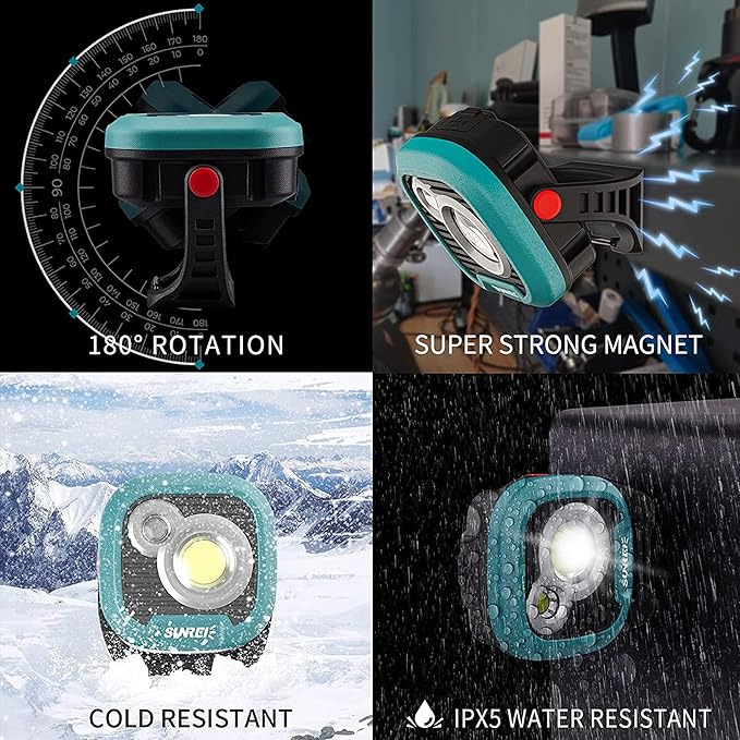 LED Rechargeable Magnetic Work Light SUNREI Mechanic Light Power Bank 180° Rotating,1500LM, 6 Modes,Magnetic&Hook, IPX5 Waterproof, Magnetic Flashlight for Camping, Car Repairing