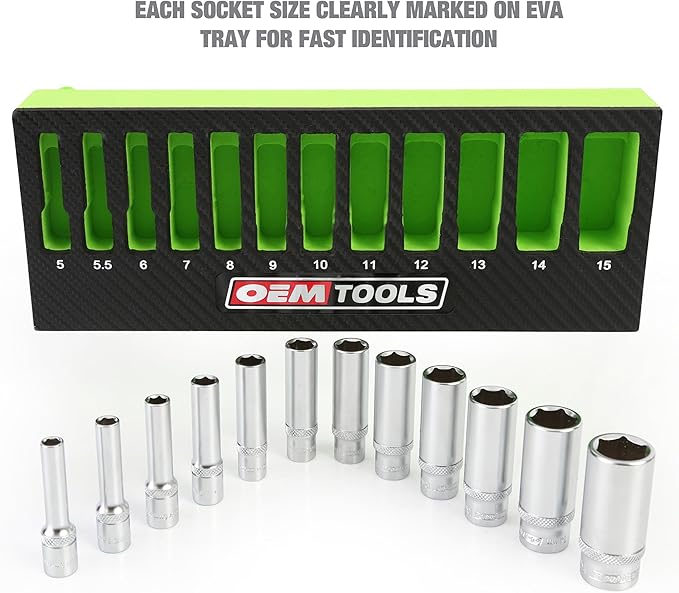 OEMTOOLS 23986 12 Piece Deep 1/4 Drive Socket Set, Deep Socket Set Metric 5-15mm, Heat-Treated Alloy Steel Sockets, Hard Chrome Finish, EVA Tray Storage