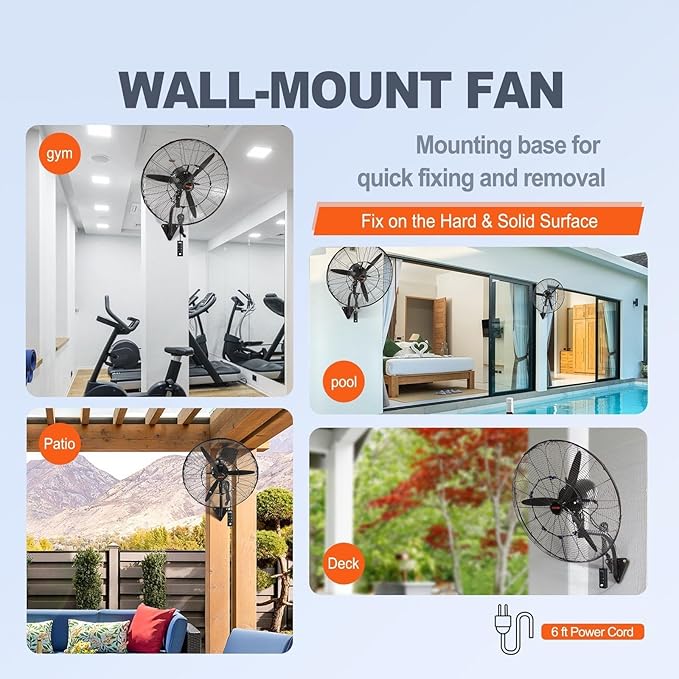 VEVOR 24 Inch 3-Speed 7000 CFM Black Waterproof Wall Mount Oscillating Fan