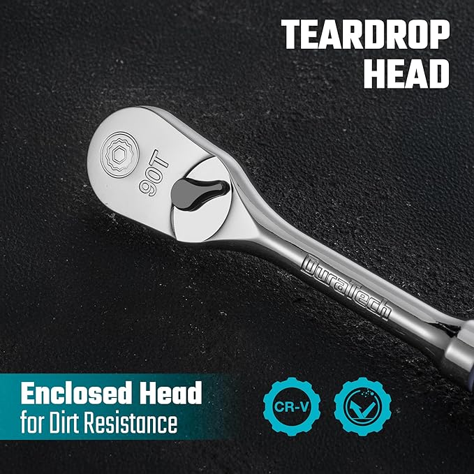 DURATECH 3/8" Drive Ratchet, Dirt Resistance 90-Tooth Ratchet Wrench, Chrome Alloy Made, Fully Polished