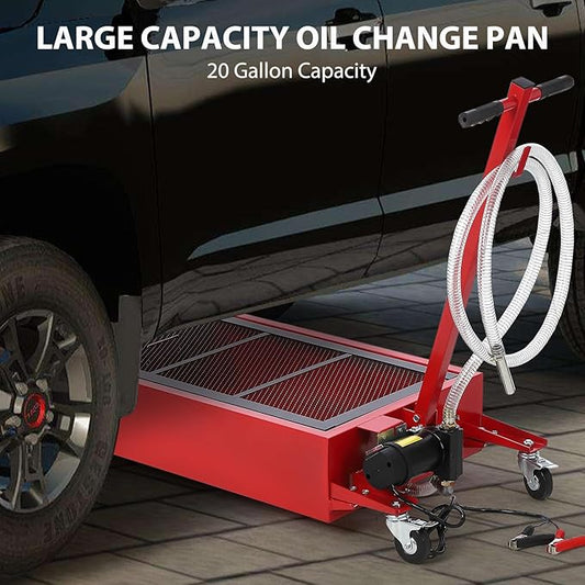 Oil Drain Pan, 20 Gallon Capacity, Rolling Oil Drain Pan with Electric Pump & 8 ft Hose, Leak-Proof & Corrosion-Resistant, Fit for Cars, SUVs, Trucks, Motorcycles, ATVs (Red, 20 Gallon-Electric)