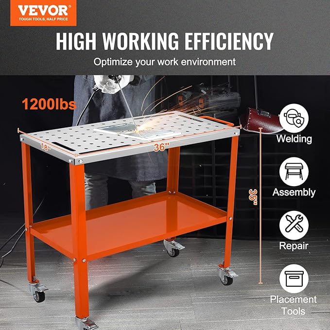 VEVOR Welding Table 36x18, 1200lbs Capacity Steel Welding Workbench on Wheels & Insert Pliers, 5/8" Insert, 2" Throat Depth, 2-3/8" Opening, Table-Mounted Clamp