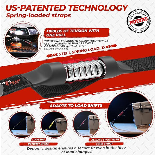 TorkStrap M500 Bundle | 14' x 1'' Spring Loaded Tie Down Straps with Carry Bag and 20' Extensions- 1,500LB Max Load - Just Pull Alternative to Ratchet Straps - Integrated Soft Loops (2-Pack)