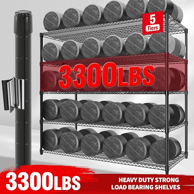 5 Tier Metel Shelving with Wheels, Garage Storage Shelves Heavy Duty Rack Load 3300LBS, Ajustable Black Wire Shelving Unit, for Home Garage Basement, Easy Assembly, 59" W X 24" D X 82" H