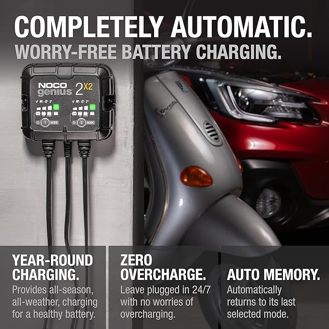 NOCO GENIUS2X2: 4A 2-Bank SmartBattery Charger(2A/Bank)6V/12V Automatic Maintainer,Trickle Charger & Desulfator with Overcharge Protection & Temperature Compensation for Lead-Acid & Lithium(Pack of 2)