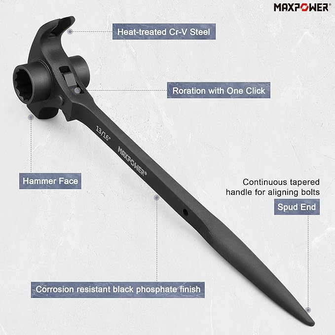 MAXPOWER 13/16" x 3/4" Scaffold Wrench, Spud Ratchet Podger (19 mm x 21 mm)