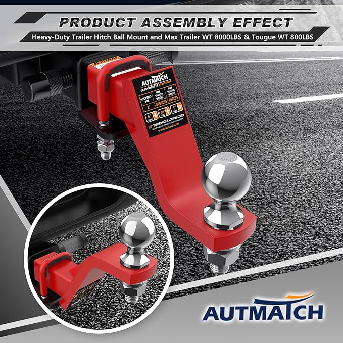 AUTMATCH Trailer Hitch Ball Mount with 2 Inch Hitch Ball - Fits 2" Receiver with Hitch Tightener, 8000Lbs Capacity Ball Hitch, 6-Inch Drop with 5/8" Hitch Lock Pin, Red