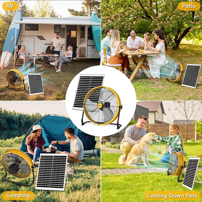 T-SUNUS 16" Solar Powered Floor Fan with 25W Panel & 15600mAh Battery, 2500 CFM Strong Airflow, 4-25H Runtime, USB Phone Charging, 360° Tilt, Quiet for Camping, Patio, Garage, Shed, Tent, RV, Outdoor