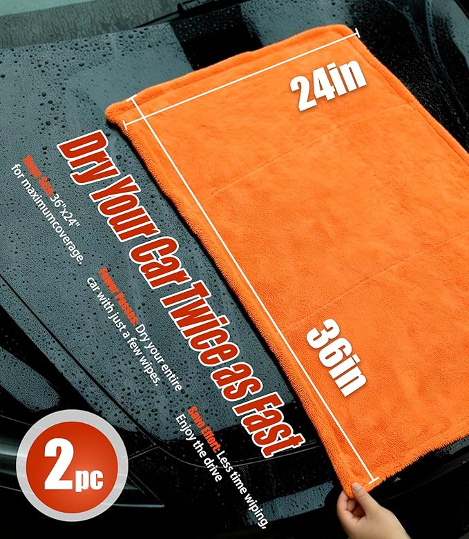 2-Pack Car Drying Towels 24x36 Inch 1300GSM, Twisted Loop Microfiber Cloth for Auto Detailing - Super Absorbent, Lint-Free & Streak-Free for SUV, Truck & Window（Gray-Orange）