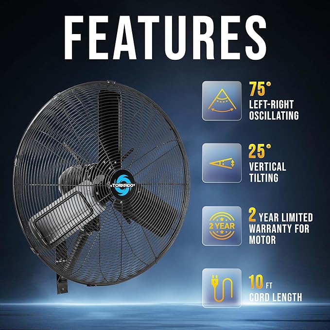 Tornado 24 Inch Outdoor Wall Mount Fan, IPX4 Water-Resistant, High Velocity, Oscillating, 2-Speed, 7350 CFM, TEAO Motor, cETL Listed– For Industrial Use