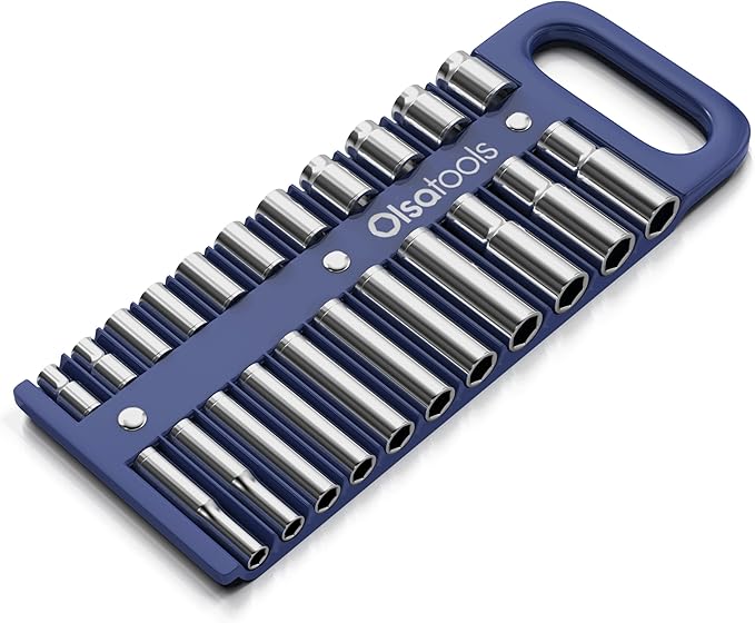 Olsa Tools Magnetic Portable Socket Organizer Tray - 1/2-Inch Drive - Blue Holder for Deep & Shallow Sockets - Fits up to 1-3/16" SAE or 30mm Metric - Quality Product for Professionals - Part 1080