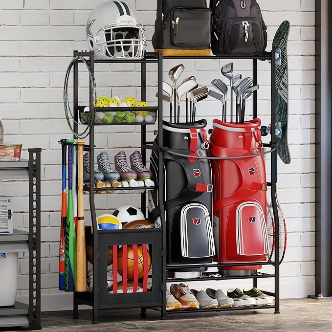 Sports Equipment Organizer Garage Organization , Golf Bag Storage Rack, Organizer for 2 Golf Bag , Indoor/Outdoor Ball Storage Bins for Toy Sports Gear Storage, Ideal for Home, Garage, Club, Basement