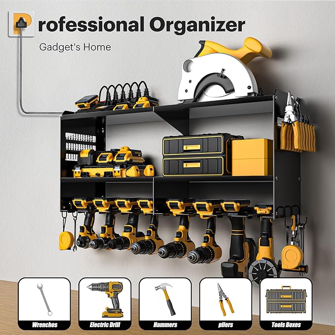 Spampur Power Tool Organizer Wall Mount with Charging Station, 15 Min Assembly & Maximum 420lb Load by Heavy Duty Metal, 8 Slots for Cordless Drill, Tool Battery Holder with 6 Outlet Power Strip
