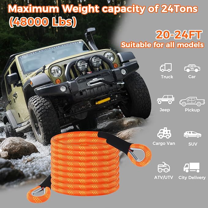 Longzhuo Kinetic Recovery Rope 48000lbs, 1" x 24ft Tow Rope with D Metal Ring Shackles, Heavy Duty Offroad Towing Straps Kit, 30+% Elasticity Tow Ropes for Trucks SUV UTV ATV Tractor Car Jeep,2 Gloves