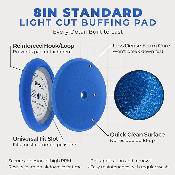 TCP Global 8" Blue Foam Buffing Pad Light Cut Polish Hook and Loop Backing - Buffing Pad for Automotive, Marine, Truck, RV & Compound Cutting
