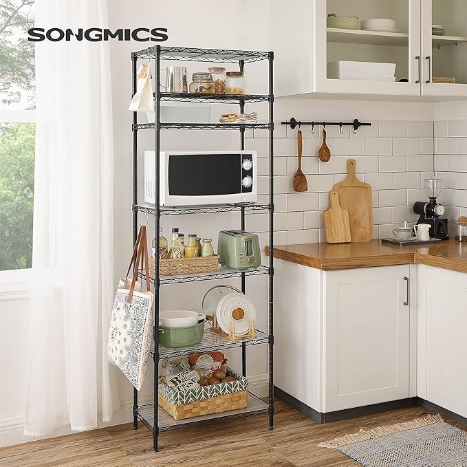 SONGMICS 7-Tier Storage Shelves, Wire Shelving Unit, Kitchen Metal Shelves, Storage Rack with Adjustable Shelves, Shelf Liners, 8 Hooks, for Garage, 13.4 x 23.2 x 70.9 Inches, Black ULGR067B01