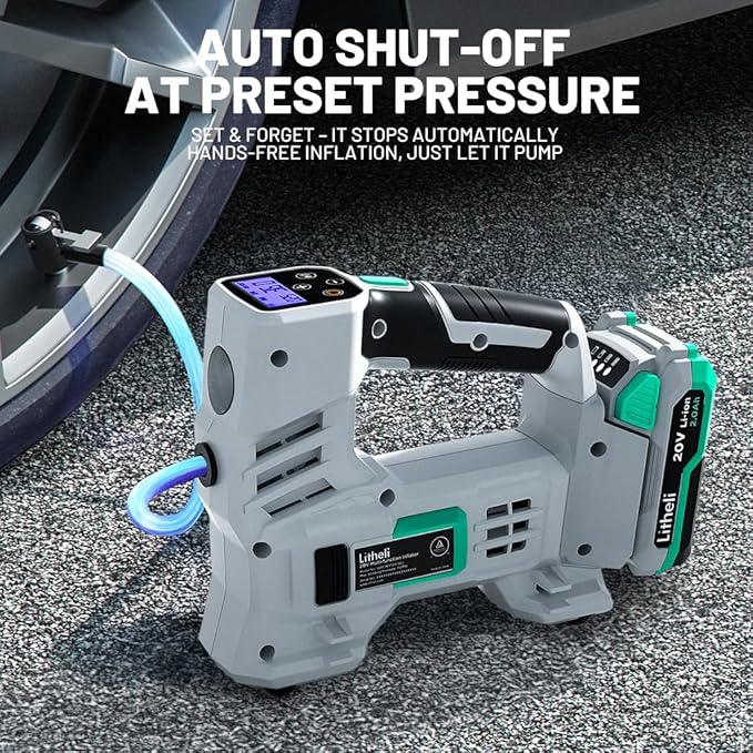 Litheli Tire Inflator Air Compressor, 20V Cordless Car Tire Pump with Digital Pressure Gauge 150PSI for Car Tire, Bike, Sport Ball, 2.0 Ah Battery & Charger